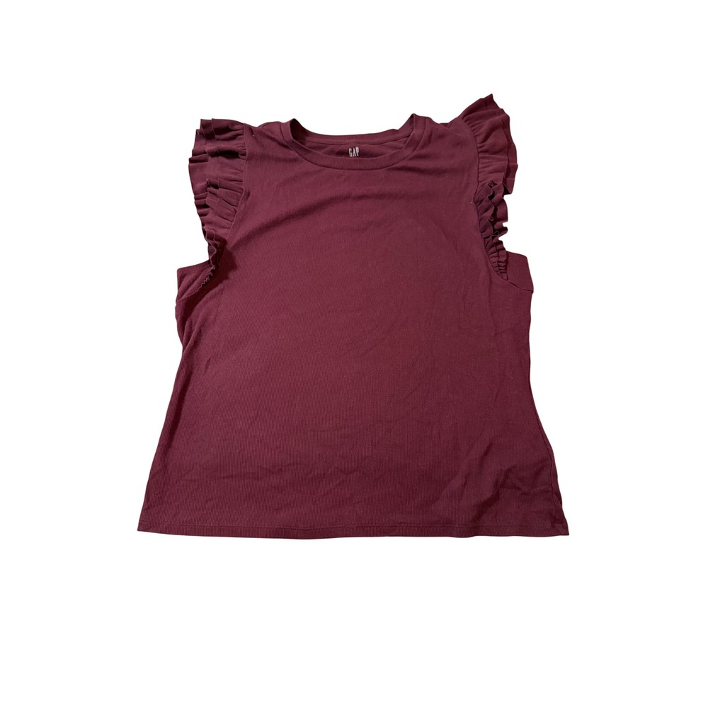 Gap Size XXL Ribbed Ruffle Short Sleeve Maroon Red Top Shirt Crew Neck Soft‎